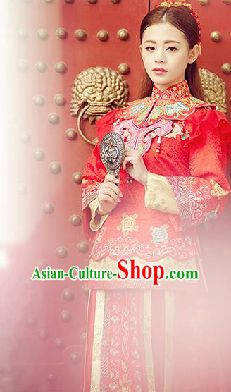 Traditional Ancient Chinese Costume Xiuhe Suits, Chinese Style Wedding Bride Dress, Restoring Ancient Women Red Longfeng Phoenix Flown, Bride Toast Cheongsam for Women