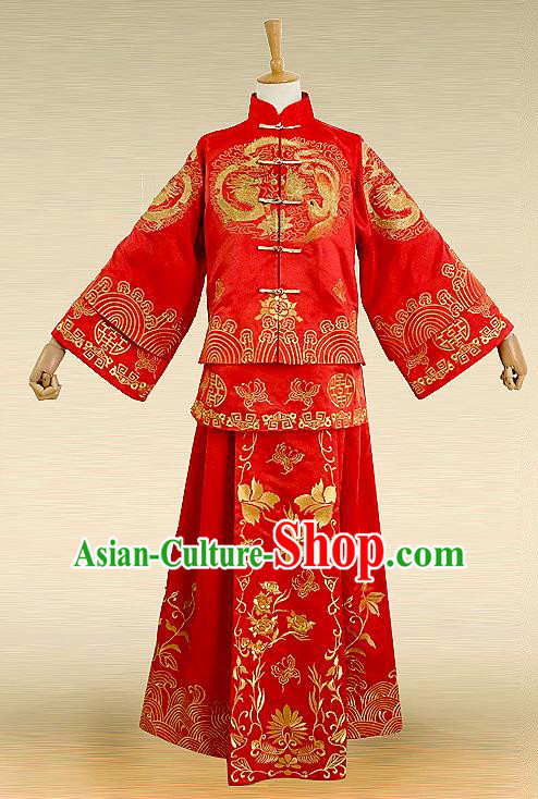 Traditional Ancient Chinese Costume Twin Bliss Xiuhe Suits, Chinese Style Wedding Bride Full Dress, Restoring Ancient Women Red Embroidered Dragon and Phoenix Flown, Bride Toast Cheongsam for Women