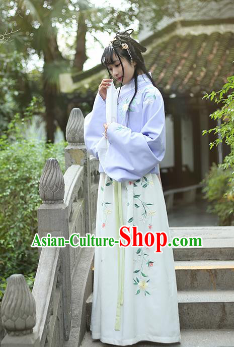 Traditional Ancient Chinese Female Costume Blouse and Dress Complete Set, Elegant Hanfu Clothing Chinese Ming Dynasty Palace Lady Embroidered Gardenia Clothing for Women