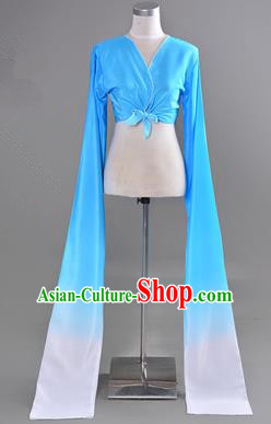 Traditional Chinese Long Sleeve Water Sleeve Dance Suit China Folk Dance Koshibo Long White and Blue Gradient Ribbon for Women