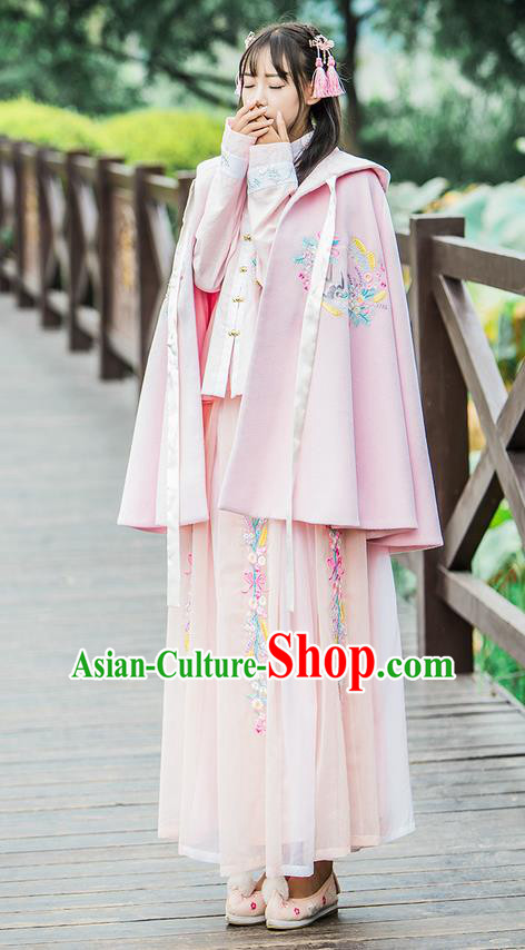 Traditional Ancient Chinese Female Costume Woolen Cardigan, Elegant Hanfu Short Cloak Chinese Ming Dynasty Palace Lady Embroidered Swallow Hooded Pink Cape Clothing for Women