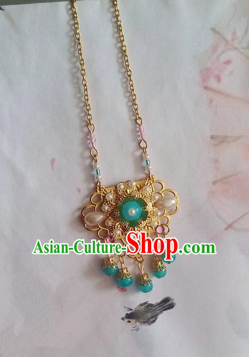 Traditional Handmade Chinese Ancient Classical Accessories Necklace Light Blue Pearl Longevity Lock for Women