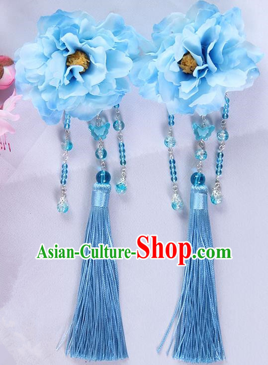 Traditional Handmade Chinese Ancient Princess Classical Hanfu Accessories Jewellery Blue Silk Flowers Hair Sticks Hair Claws, Tassel Hair Fascinators Hairpins for Women