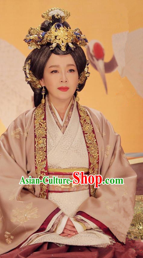 Traditional Ancient Chinese Imperial Empress Dowager Costume and Headwear Complete Set, Elegant Hanfu Palace Lady Queen Mother Dress, Chinese Warring States Period Imperial Empress Tailing Embroidered Phoenix Clothing for Women