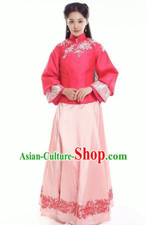 Traditional Ancient Chinese Costume, Chinese Late Qing Dynasty Young Lady Dress Red Blouse, Republic of China Embroidered Clothing for Women