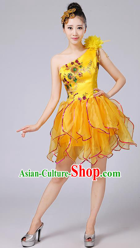 Traditional Chinese Modern Dancing Compere Costume, Women Opening Classic Dance Chorus Singing Group Bubble Embroidered Uniforms, Modern Dance Classic Dance Big Swing Gold Short Dress for Women