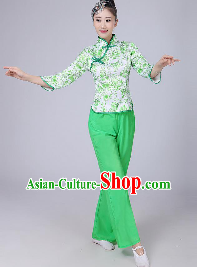 Traditional Chinese Yangge Fan Dancing Costume, Folk Dance Yangko Mandarin Collar Blue and White Porcelain Blouse and Pants Uniforms, Classic Dance Elegant Dress Drum Dance Green Clothing for Women