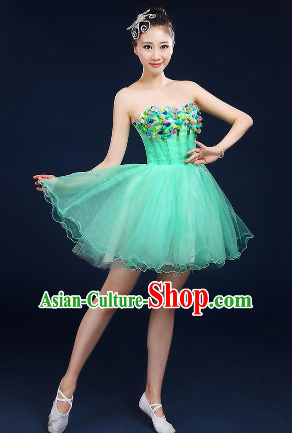 Traditional Chinese Modern Dancing Compere Costume, Women Opening Classic Dance Chorus Singing Group Bubble Tee Dress Uniforms, Modern Dance Classic Dance Big Swing Green Short Dress for Women