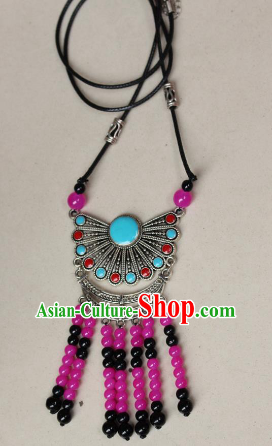 Traditional Chinese Miao Nationality Crafts Jewelry Accessory, Hmong Handmade Miao Silver Beads Tassel Pendant, Miao Ethnic Minority Black Rope Necklace Accessories Sweater Chain Pendant for Women