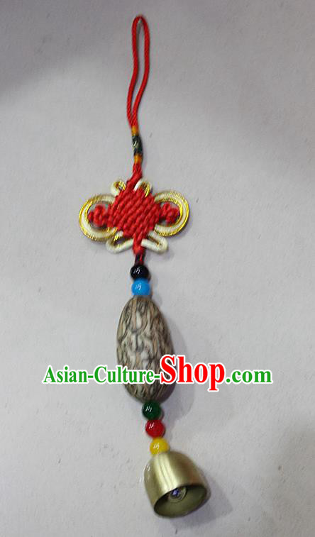 Traditional Chinese Miao Nationality Crafts Jewelry Accessory, Hmong Handmade Copper Bell Tassel Red Chinese Knot Bodhi Seed Pendant, Miao Ethnic Minority Haven Evil Bell Car Accessories Pendant