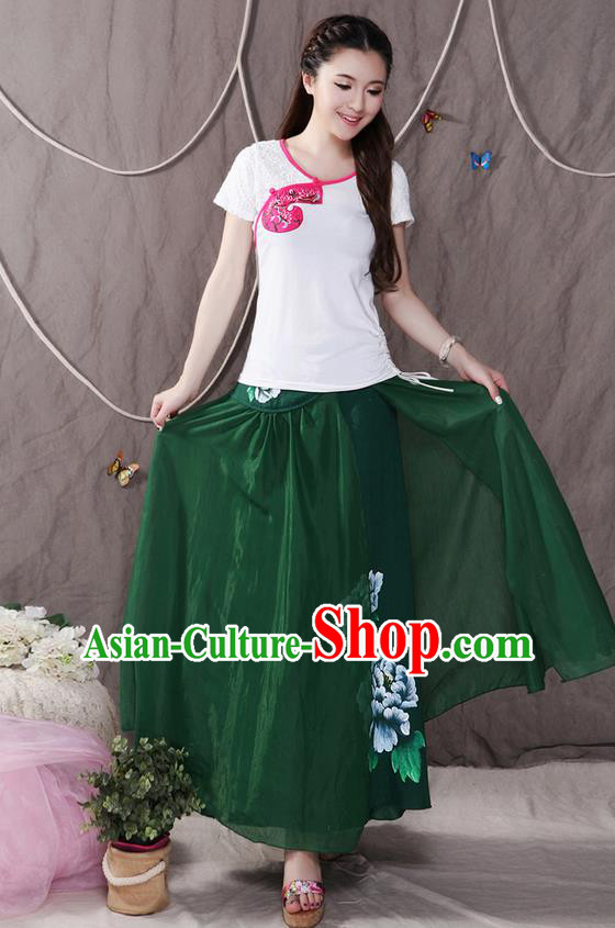 Traditional Ancient Chinese National Pleated Skirt Costume, Elegant Hanfu Printing Peony Big Swing Long Dress, China Tang Suit Cotton Green Bust Skirt for Women