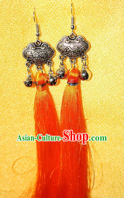 Traditional Chinese Miao Nationality Crafts Jewelry Accessory Classical Earbob Accessories, Hmong Handmade Miao Silver Longevity Lock Palace Lady Silk Tassel Earrings, Miao Ethnic Minority Eardrop for Women