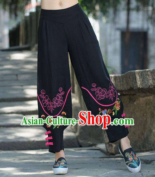 Traditional Ancient Chinese National Costume Trousers, Elegant Hanfu Embroidered Flowers Pants, China Tang Suit Cotton Black Leisure Pants for Women