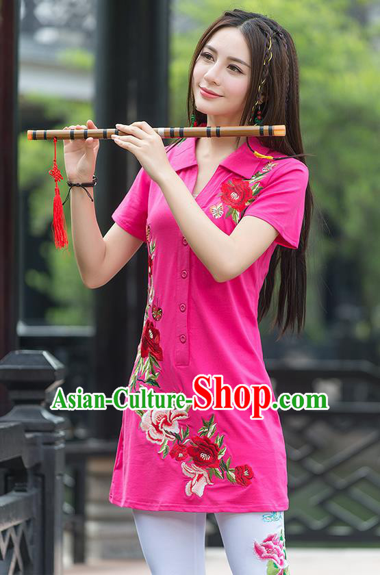 Traditional Ancient Chinese National Costume, Elegant Hanfu Embroidered Peony Flowers Pink Long T-Shirt, China Tang Suit Blouse Cheongsam Qipao Shirts Clothing for Women