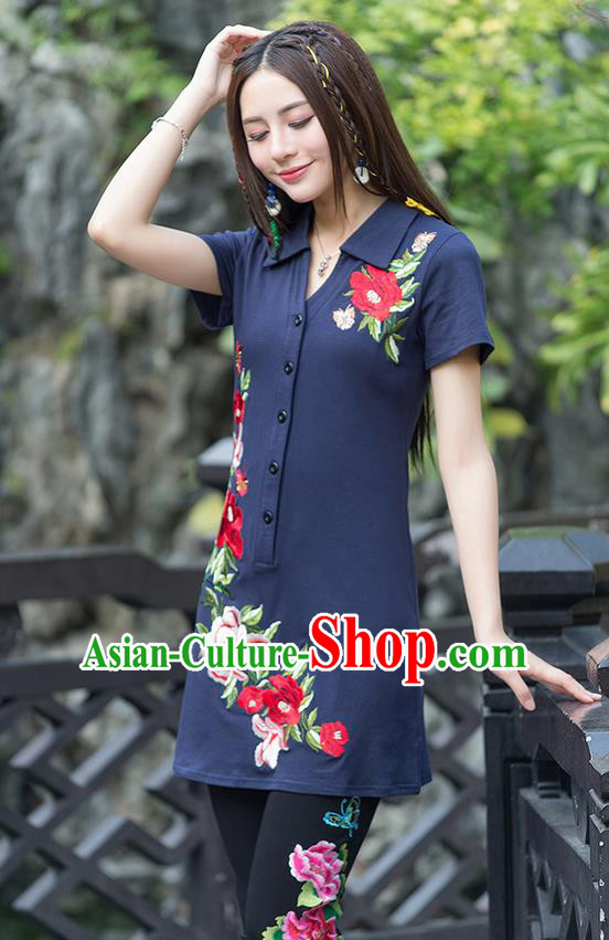 Traditional Ancient Chinese National Costume, Elegant Hanfu Embroidered Peony Flowers Navy Long T-Shirt, China Tang Suit Blouse Cheongsam Qipao Shirts Clothing for Women