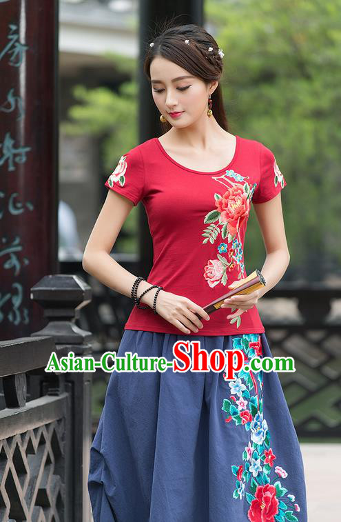 Traditional Ancient Chinese National Costume, Elegant Hanfu Embroidered Peony Red T-Shirt, China Tang Suit Blouse Cheongsam Qipao Shirts Clothing for Women