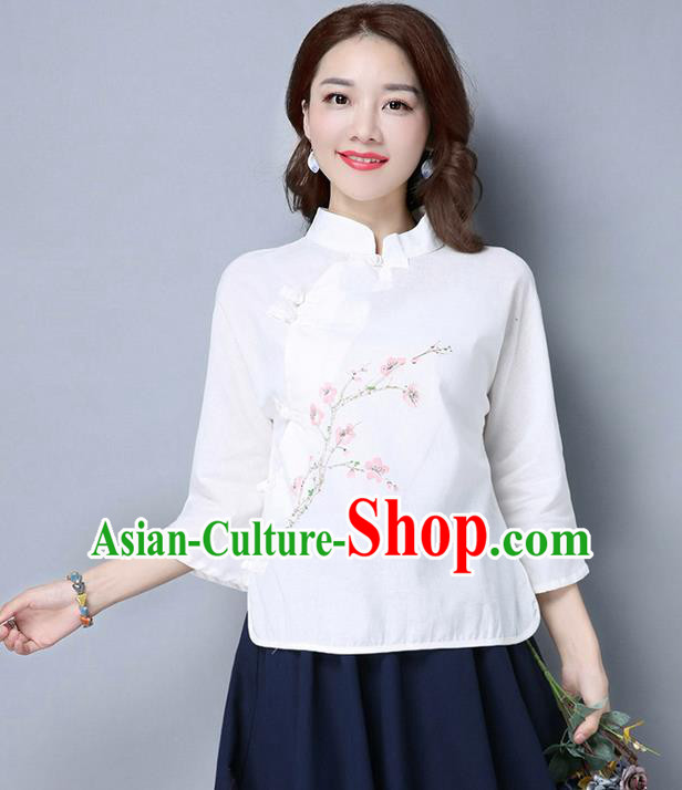 Traditional Chinese National Costume, Elegant Hanfu Embroidery Stand Collar White Shirt, China Tang Suit Plated Buttons Blouse Cheongsam Upper Outer Garment Qipao Shirts Clothing for Women
