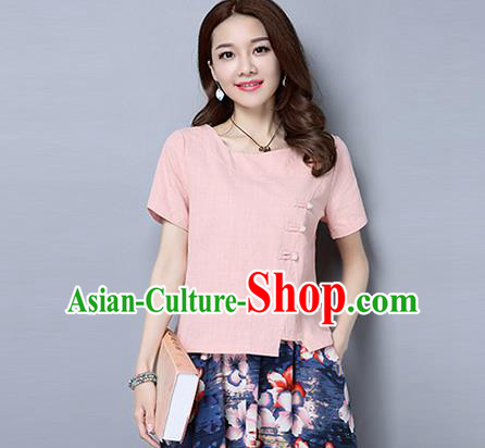Traditional Chinese National Costume, Elegant Hanfu Slant Opening Pink T-Shirt, China Tang Suit Republic of China Plated Buttons Blouse Cheongsam Upper Outer Garment Qipao Shirts Clothing for Women