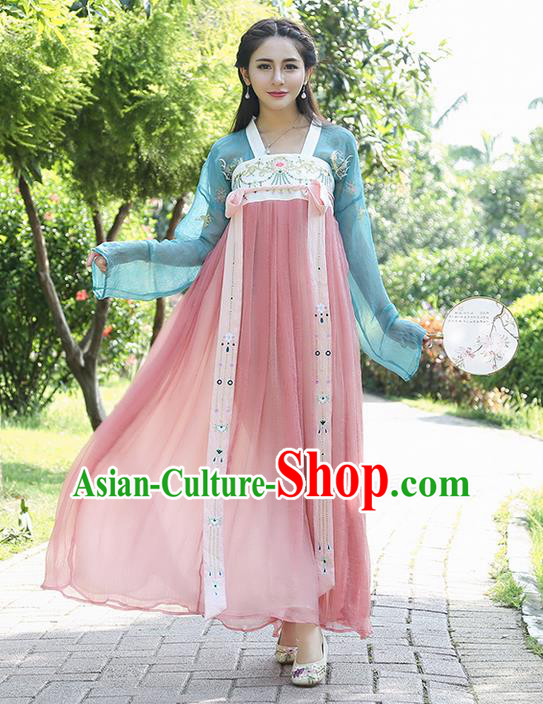 Traditional Ancient Chinese Costume, Elegant Hanfu Clothing Embroidered Blue Blouse and Dress, China Tang Dynasty Princess Elegant Blouse and Skirt Complete Set for Women
