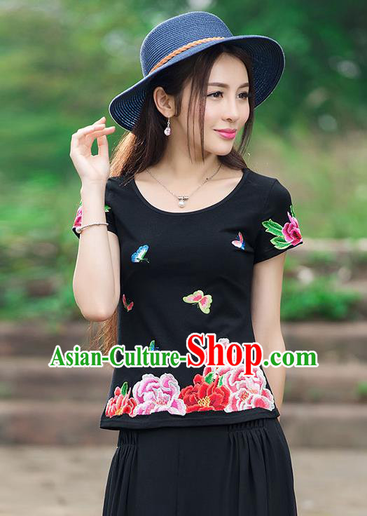 Traditional Chinese National Costume, Elegant Hanfu Embroidery Flowers Butterfly Black T-Shirt, China Tang Suit Republic of China Blouse Cheongsam Upper Outer Garment Qipao Shirts Clothing for Women