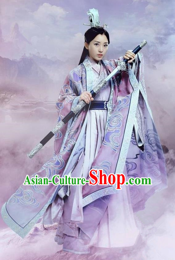 Traditional Ancient Chinese Elegant Swordsman Costume, Chinese Han Dynasty Taoist Nun Kung fu Master Dress, Cosplay Chinese Television Drama Jade Dynasty Qing Yun Faction Peri Hanfu Trailing Embroidery Clothing for Women