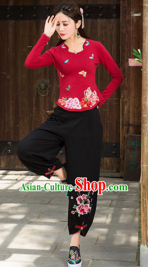 Traditional Chinese National Costume, Elegant Hanfu Embroidery Peony Flowers Red T-Shirt, China Tang Suit Republic of China Blouse Cheongsam Upper Outer Garment Qipao Shirts Clothing for Women