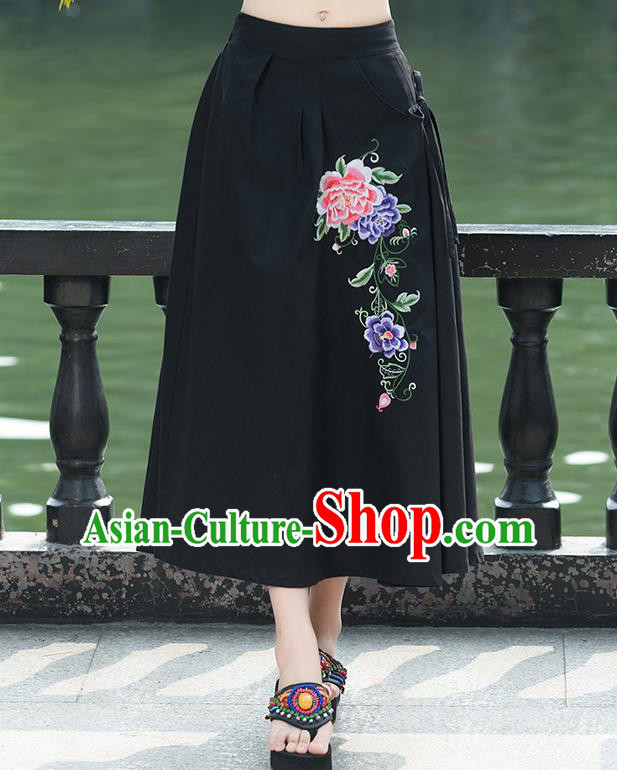 Traditional Ancient Chinese National Pleated Skirt Costume, Elegant Hanfu Embroidery Peony Flowers Long Black Linen Skirt, China Tang Suit Bust Skirt for Women
