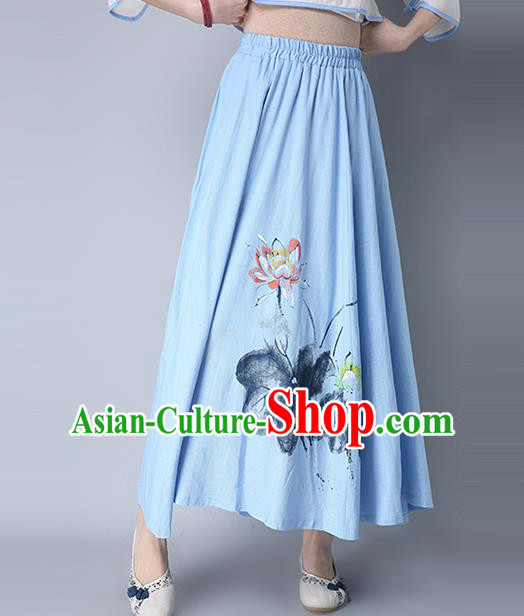 Traditional Ancient Chinese National Pleated Skirt Costume, Elegant Hanfu Hand Painting Lotus Flowers Long Blue Skirt, China Tang Suit Bust Skirt for Women
