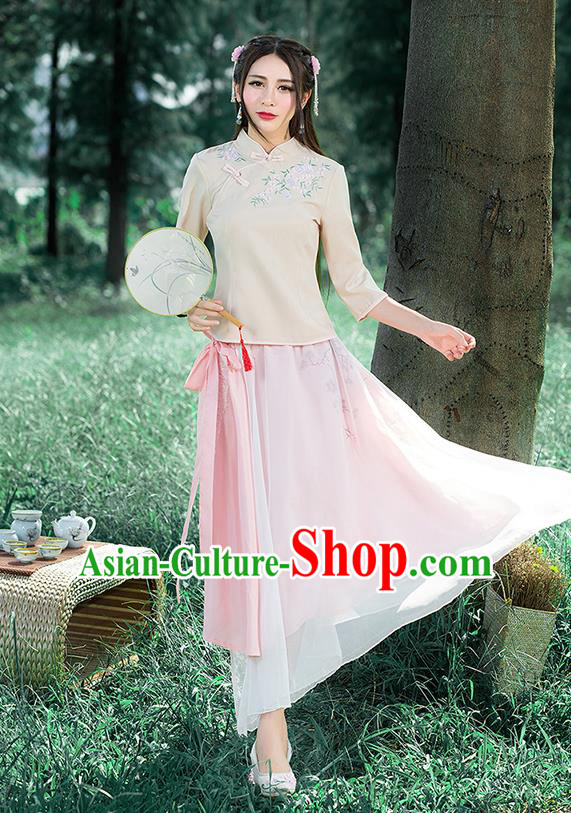Traditional Chinese National Costume, Elegant Hanfu Embroidery Slant Opening Apricot Stand Collar T-Shirt, China Tang Suit Republic of China Plated Buttons Blouse Cheongsam Upper Outer Garment Qipao Shirts Clothing for Women