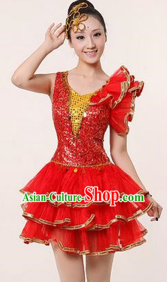 Traditional Chinese Modern Dancing Costume, Women Opening Classic Stage Performance Chorus Singing Group Dance Paillette Costume, Modern Dance Red Bubble Dress for Women