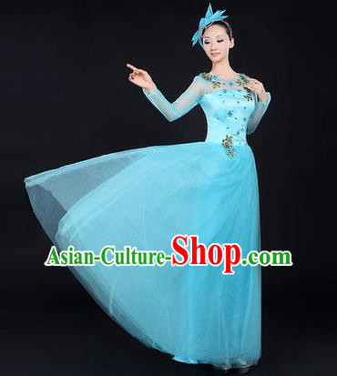 Traditional Chinese Modern Dancing Costume, Women Opening Classic Chorus Singing Group Dance Costume, Modern Dance Blue Bubble Dress for Women