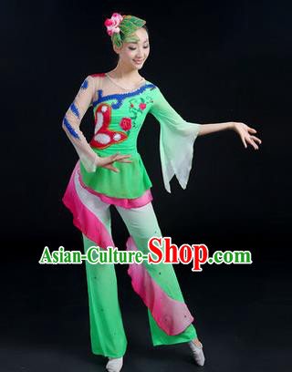Traditional Chinese Yangge Fan Dancing Costume, Folk Dance Yangko Paillette Flowers Uniforms, Classic Dance Dress Drum Dance Green Clothing for Women