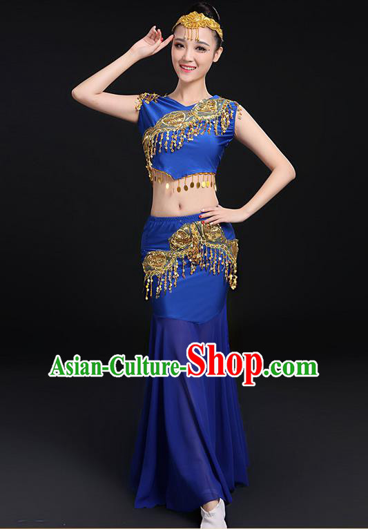 Traditional Chinese Dai Nationality Peacock Dancing Costume, Folk Dance Ethnic Paillette Fishtail Dress Uniform, Chinese Minority Nationality Dancing Royalblue Clothing for Women