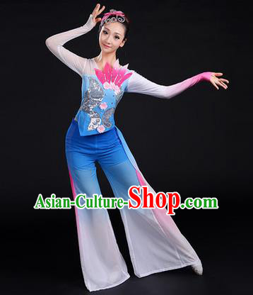 Traditional Chinese Yangge Fan Dancing Costume, Folk Dance Yangko Uniforms, Classic Dance Elegant Dress Drum Dance Paillette Lotus Blue Clothing for Women