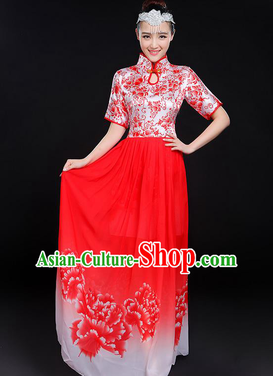 Traditional Chinese Modern Dancing Compere Costume, Women Opening Classic Chorus Singing Group Dance Uniforms, Modern Dance Classic Dance Big Swing Red Cheongsam Dress for Women