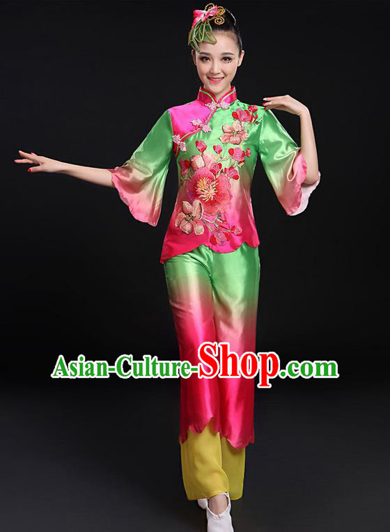 Traditional Chinese Yangge Fan Dancing Costume, Folk Dance Yangko Uniforms, Classic Umbrella Dance Elegant Mandarin Sleeve Dress Drum Dance Green Clothing for Women