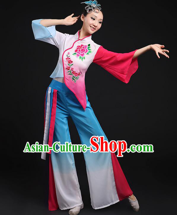 Traditional Chinese Yangge Fan Dancing Costume, Folk Dance Yangko Flowers Mandarin Sleeve Embroidered Peony Uniforms, Classic Umbrella Dance Elegant Dress Drum Dance Blue Clothing for Women