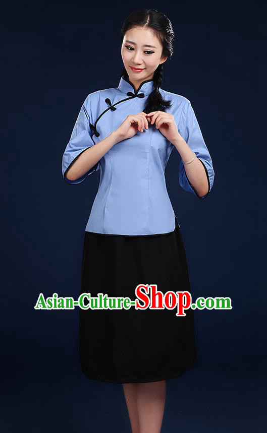Traditional Chinese Style Modern Dancing Compere Costume, Women Chorus Singing Group Opening Classic Dance Republic of China Students Blue Uniforms, Modern Dance Cheongsam Blouse Dress for Women