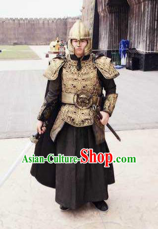 Traditional Chinese Ancient Imperial Bodyguard Armour Costume, Tokgo World China Northern and Southern Dynasties Soldier General Helmet and Armour Complete Set for Men