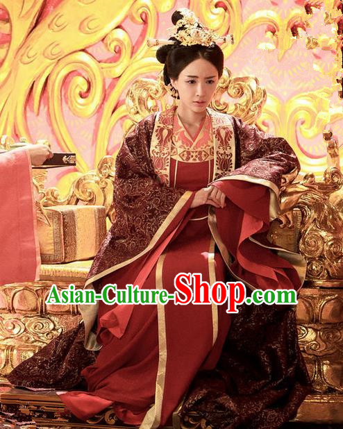 Traditional Chinese Ancient Imperial Empress Costume and Headpiece Complete Set, Chinese Northern and Southern Dynasties Television Tokgo World Queen Embroidered Hanfu Clothing for Women