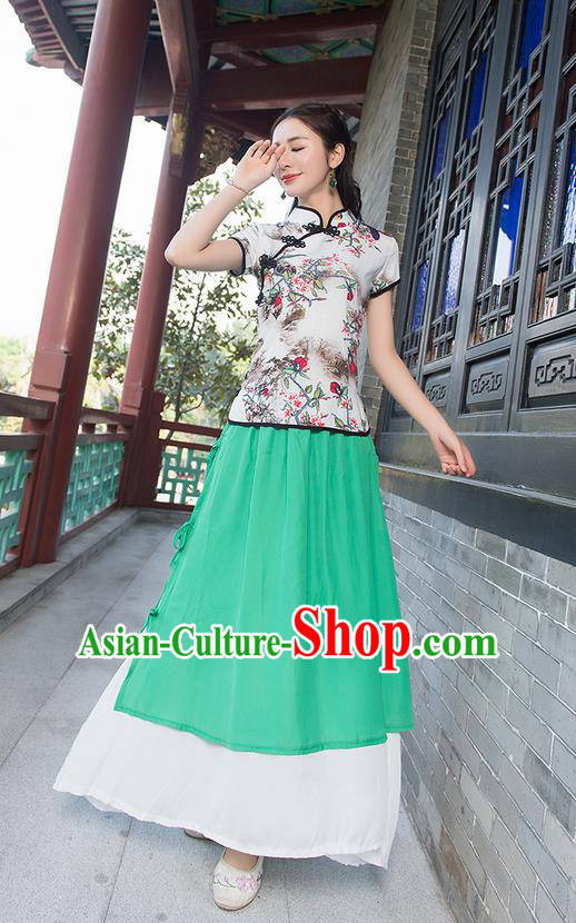 Traditional Ancient Chinese National Pleated Skirt Costume, Elegant Hanfu Chiffon Green Long Dress, China Tang Suit National Minority Bust Skirt for Women