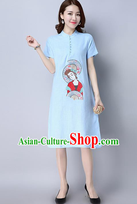 Traditional Ancient Chinese National Costume, Elegant Hanfu Mandarin Qipao Linen Embroidered Blue Dress, China Tang Suit Chirpaur Republic of China Cheongsam Upper Outer Garment Elegant Dress Clothing for Women