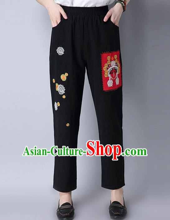 Traditional Chinese National Costume Loose Pants, Elegant Hanfu Embroidered Beijing Opera Facial Masks Black Wide leg Pants, China Ethnic Minorities Tang Suit Ultra-wide-leg Trousers for Women