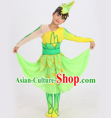 Traditional Chinese Classical Dance Yangge Fan Dance Costume, Children Lotus Dance Drum Dance Uniform Yangko Green Dress Complete Set for Kids