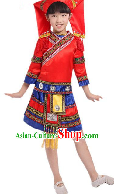 Traditional Chinese Zhuang Nationality Dancing Costume, Zhuang Zu Children Folk Dance Ethnic Pleated Skirt, Chinese Minority Nationality Embroidery Red Dress for Kids