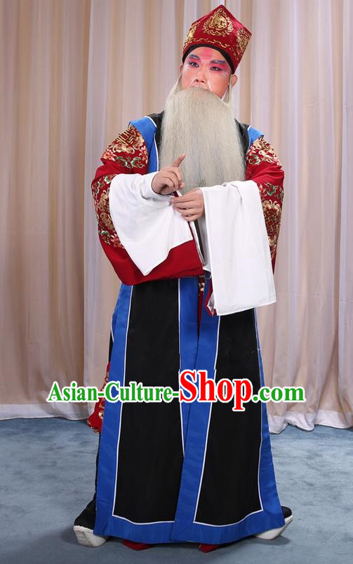 Traditional Chinese Beijing Opera Old Male Black Long Vest and Clothing Complete Set, China Peking Opera Laosheng-role Costume Embroidered Clothing Opera Costumes