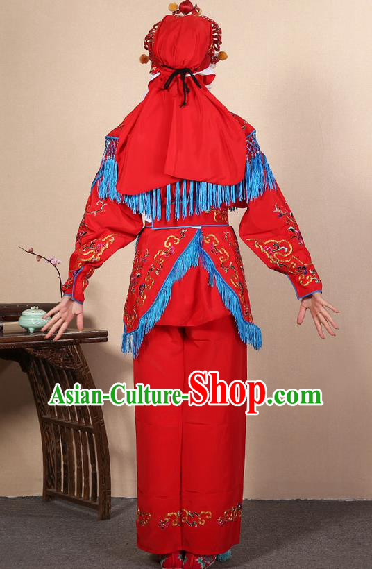 Traditional Chinese Beijing Opera Shaoxing Opera Magic Warriors Red Clothing and Shoes Complete Set, China Peking Opera Women Pawn Dress Costume Embroidered Opera Costumes