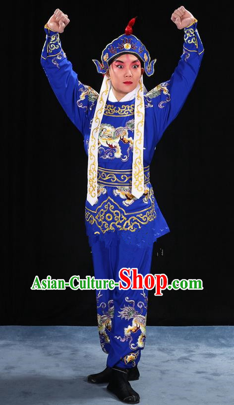 Traditional Chinese Beijing Opera Takefu Blue Clothing Complete Set, China Peking Opera Martial Role Costume Embroidered Opera Costumes