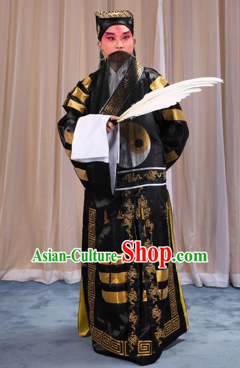 Traditional Chinese Beijing Opera Black Eight Diagrams Clothing and Boots Feather Fan Complete Set, China Peking Opera Zhuge Liang Costume Embroidered Military Counsellor Robe Opera Costumes