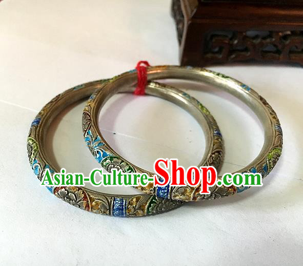 Traditional Chinese Miao Nationality Accessories Hollow Bracelet, Hmong Female Ethnic Pure Sliver Blueing Bangle for Women